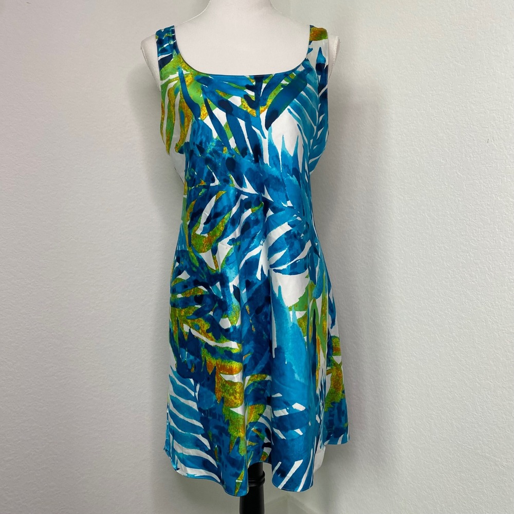 N‎ Natori Tropical Leaf Print Satin Chemise Nightgown Adjustable Straps Size M